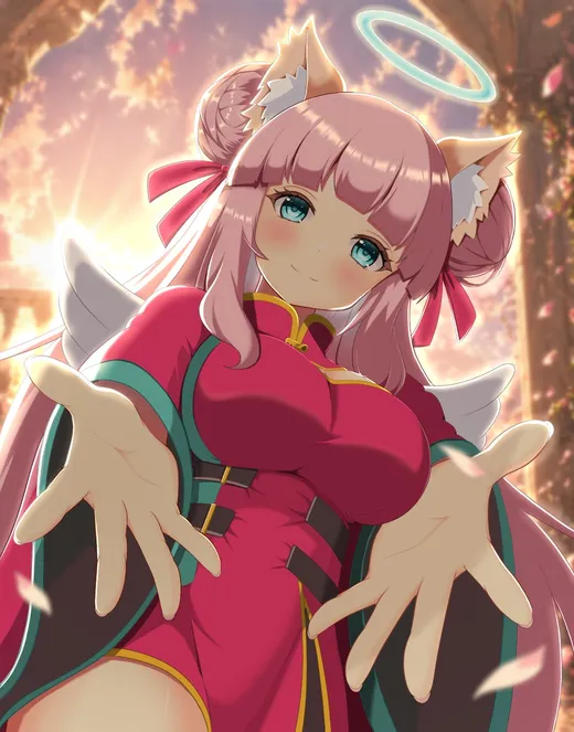 天使の輪と猫耳のあるピンク髪の女の子が、朝焼けの中で両手をこちらに差し伸べるイラスト