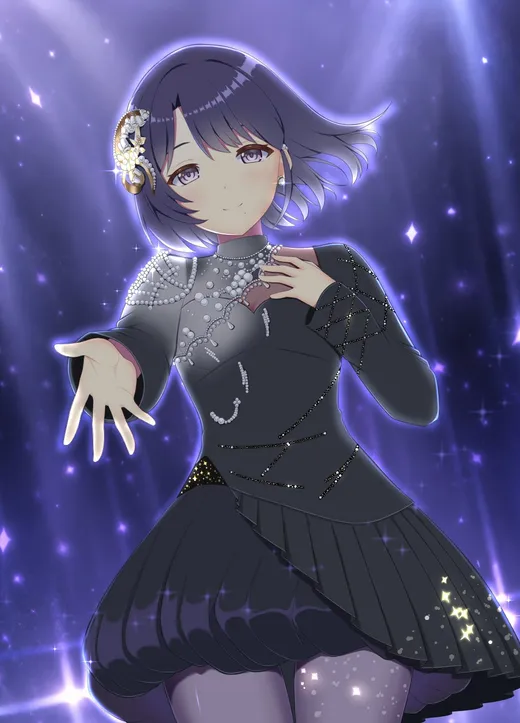 きらめくステージライトの中、黒いドレスのアイドルの女の子がこちらへ手を差し伸べるイラスト