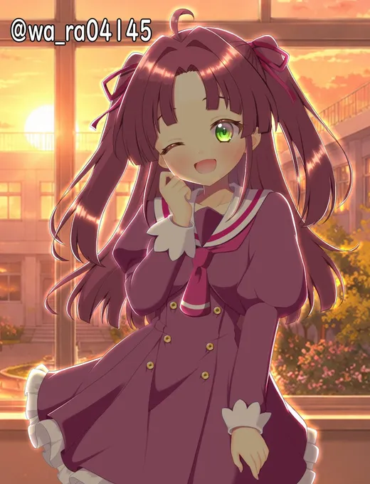 夕日の差し込む校舎の窓辺で、ツインテールの女の子が笑顔でウインクするイラスト