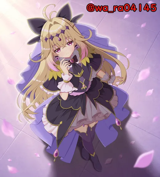 花びらの舞う中、すみれ色のヴェールと黒いドレスをまとった金髪の女の子がたたずむイラスト